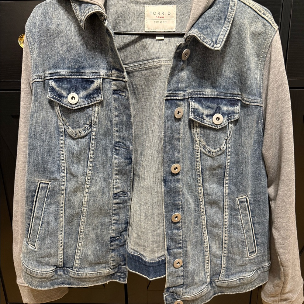 Torrid Denim Jacket with Gray Sleeves and hood